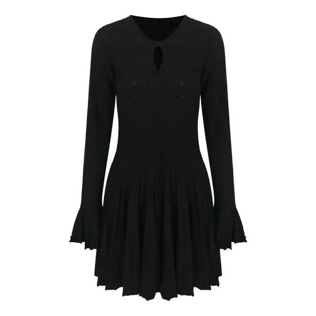 Korean Fashion Dresses for Women Autumn Winter Elegant Flare Sleeve Black Knit Wool Dress  High Quality Vestidos