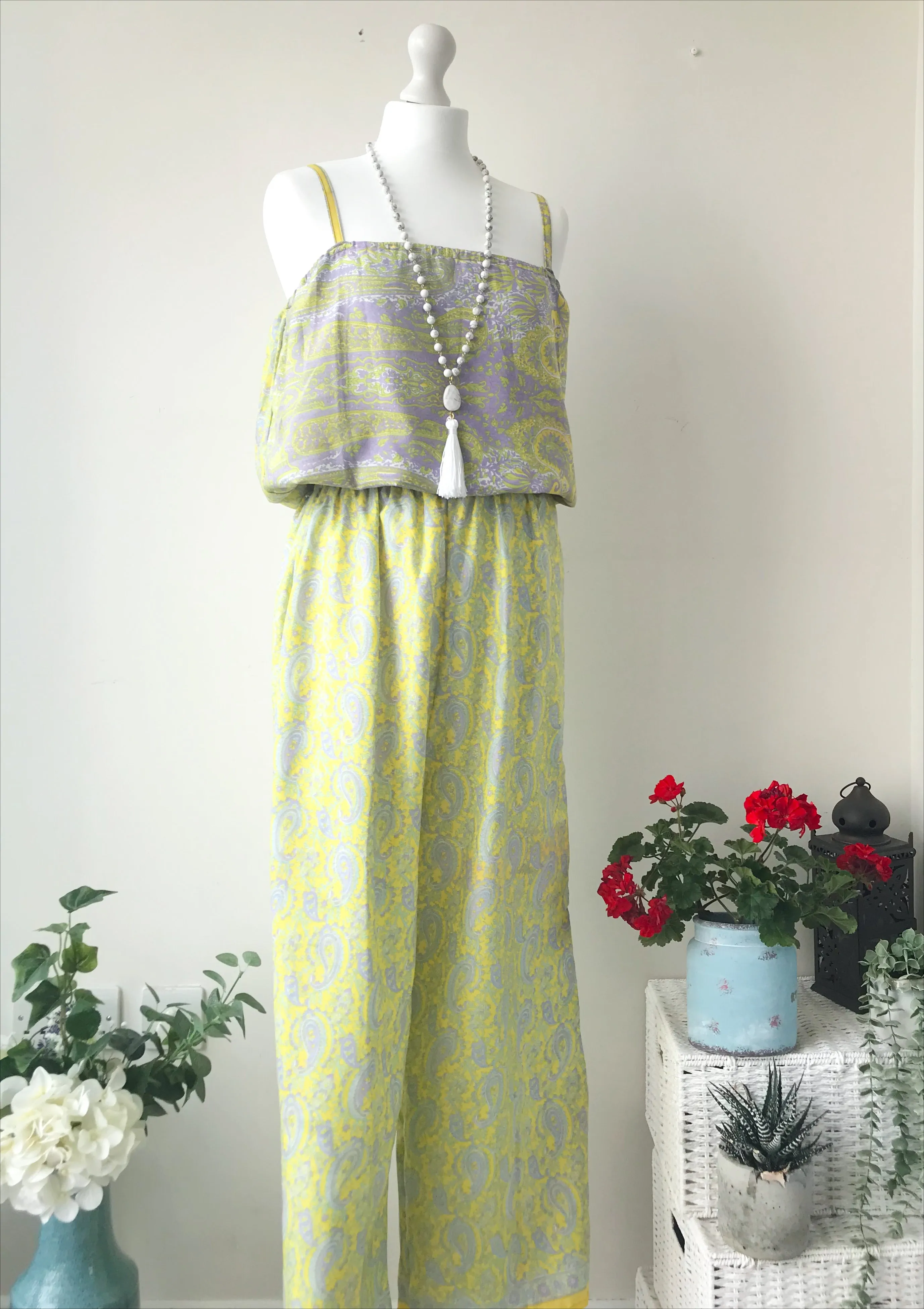Layla yellow/lilac paisley-print silk jumpsuit free-size