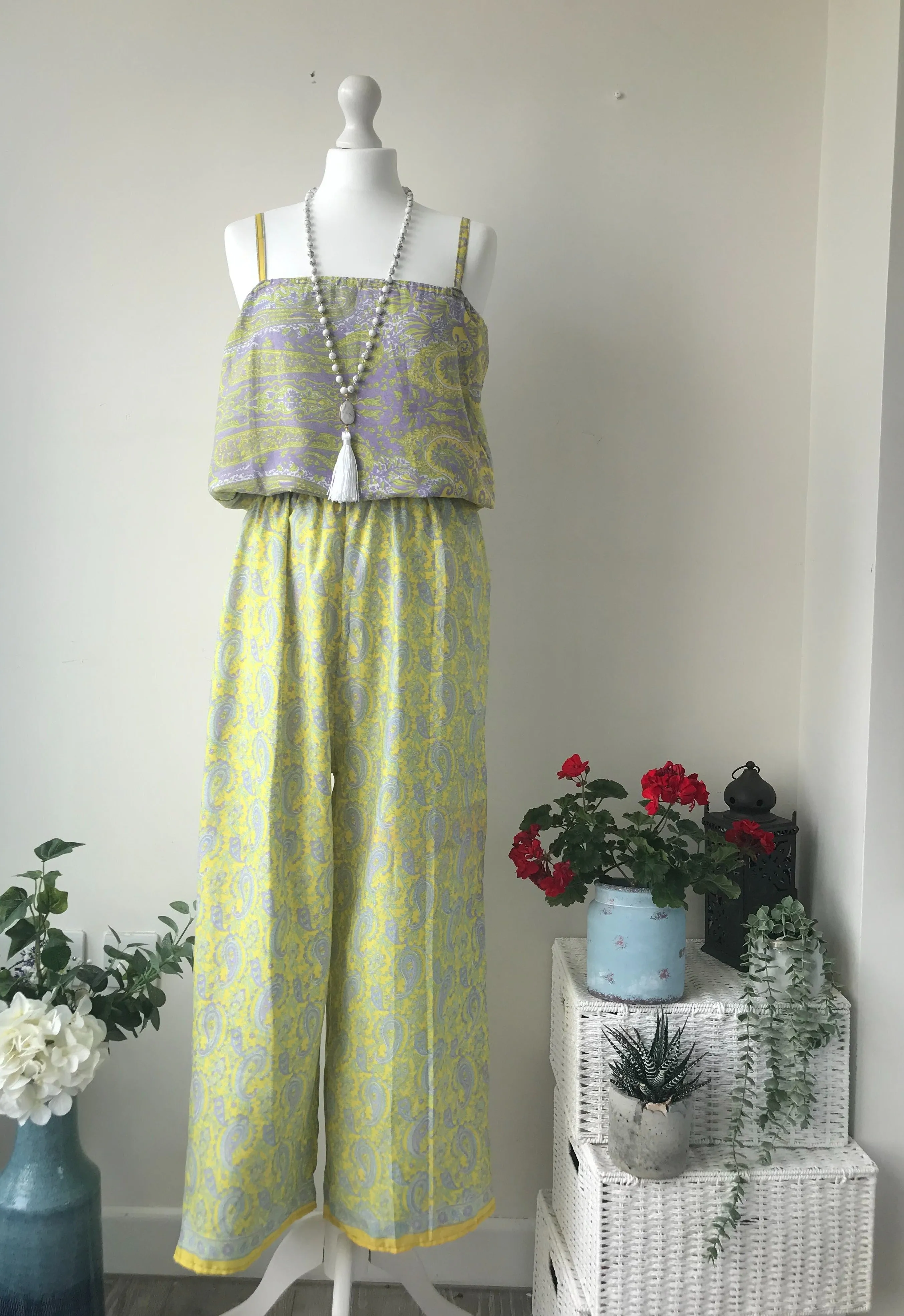 Layla yellow/lilac paisley-print silk jumpsuit free-size