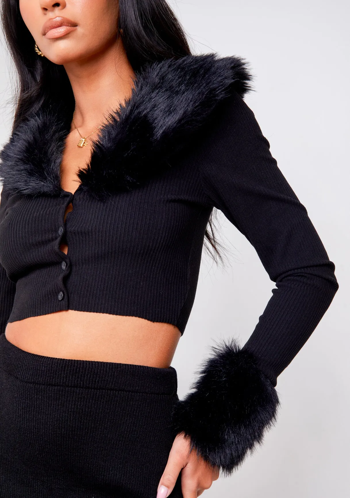 Libby Black Faux Fur Trim Crop Cardigan