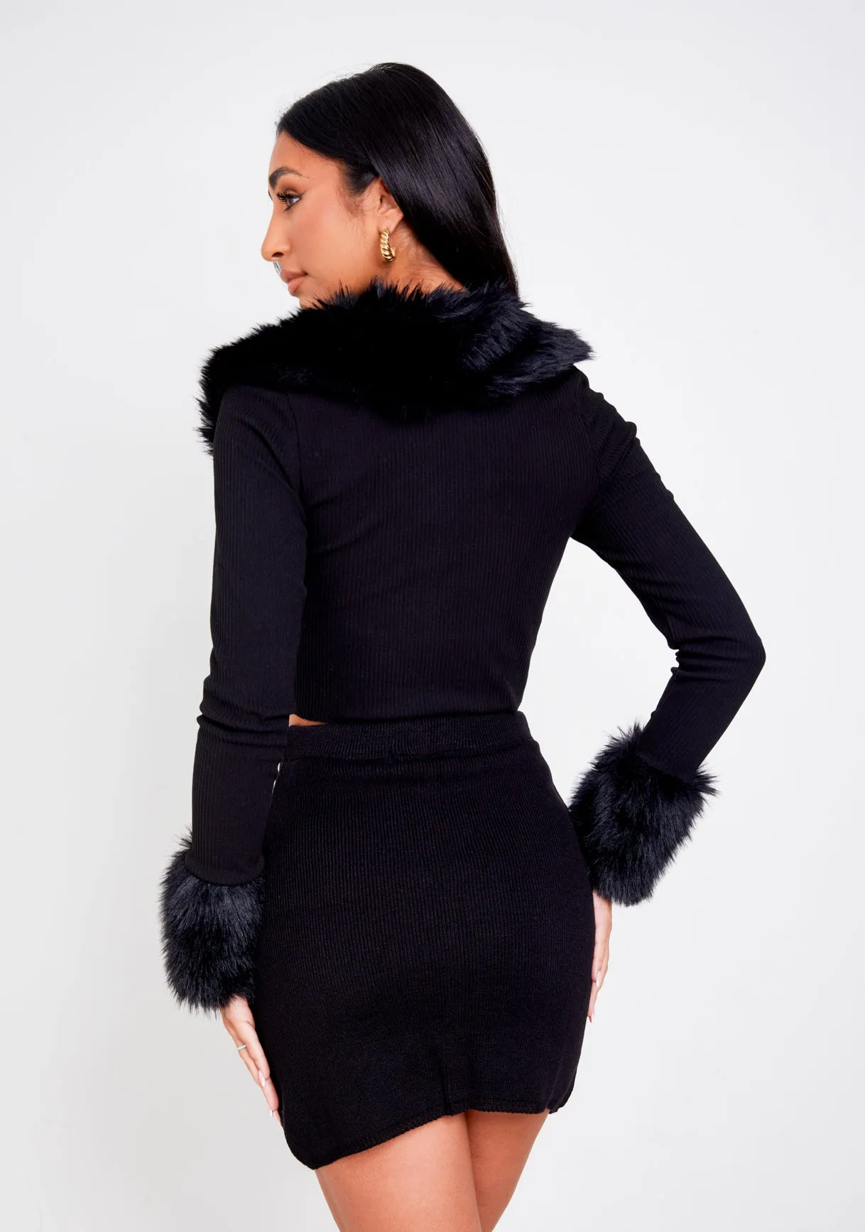 Libby Black Faux Fur Trim Crop Cardigan