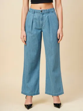 Light Wash Denim High Rise Pleated Wide Leg Jeans