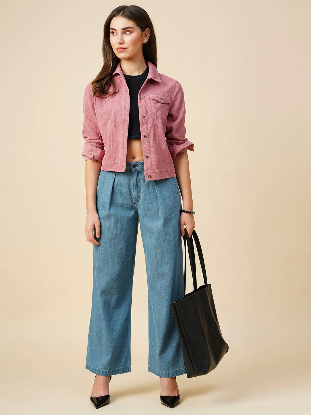 Light Wash Denim High Rise Pleated Wide Leg Jeans