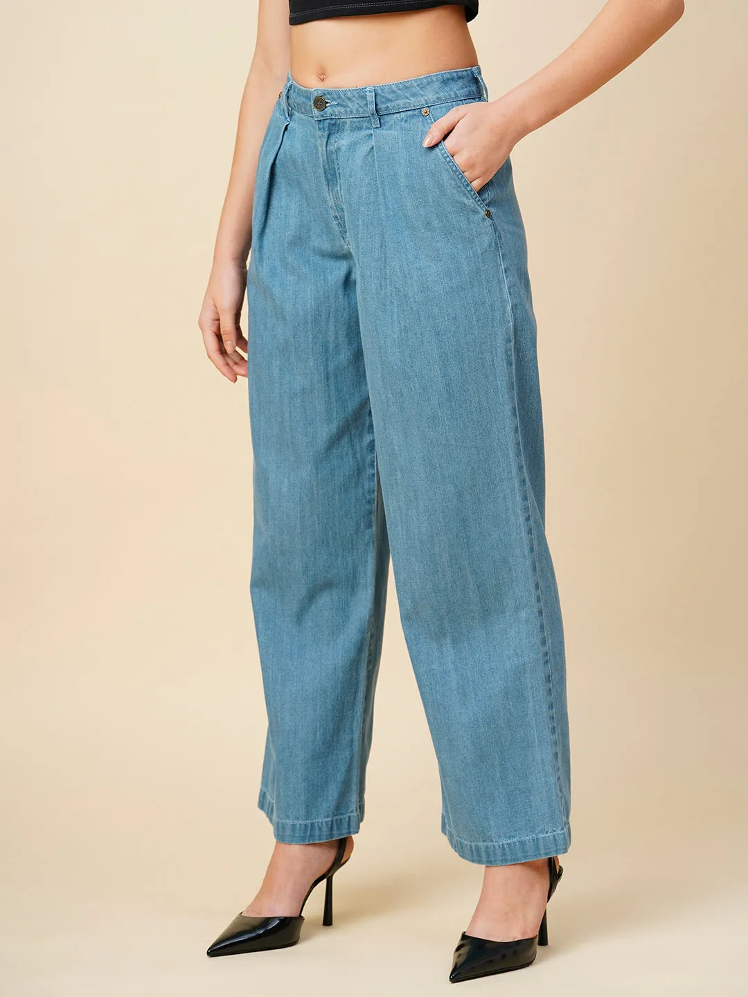 Light Wash Denim High Rise Pleated Wide Leg Jeans