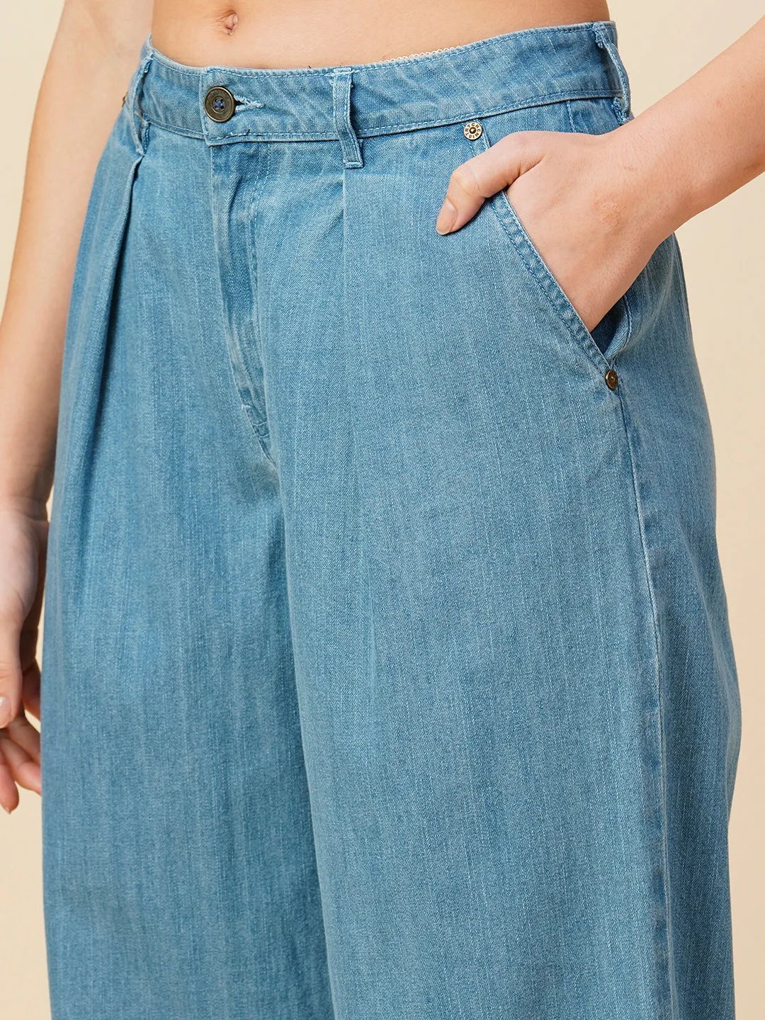 Light Wash Denim High Rise Pleated Wide Leg Jeans