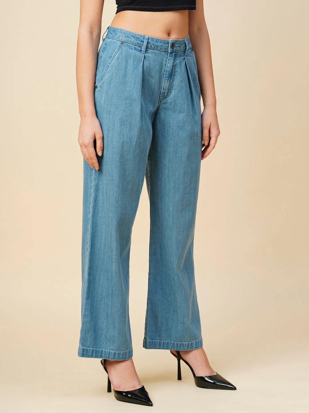 Light Wash Denim High Rise Pleated Wide Leg Jeans
