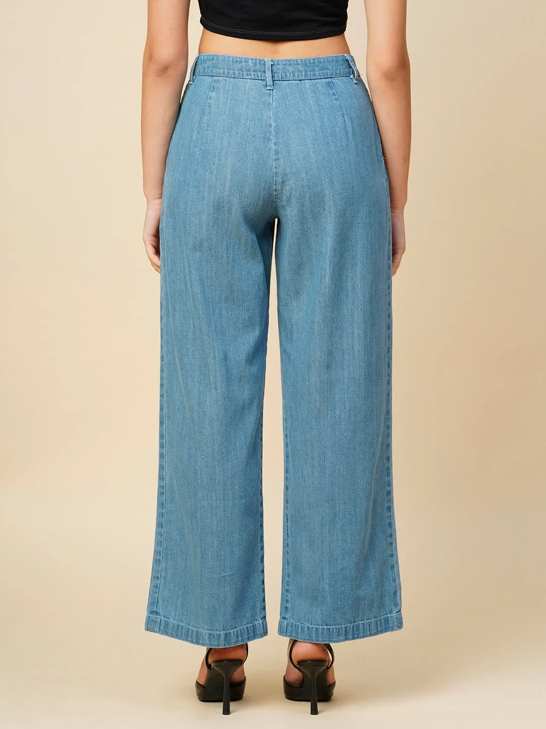 Light Wash Denim High Rise Pleated Wide Leg Jeans