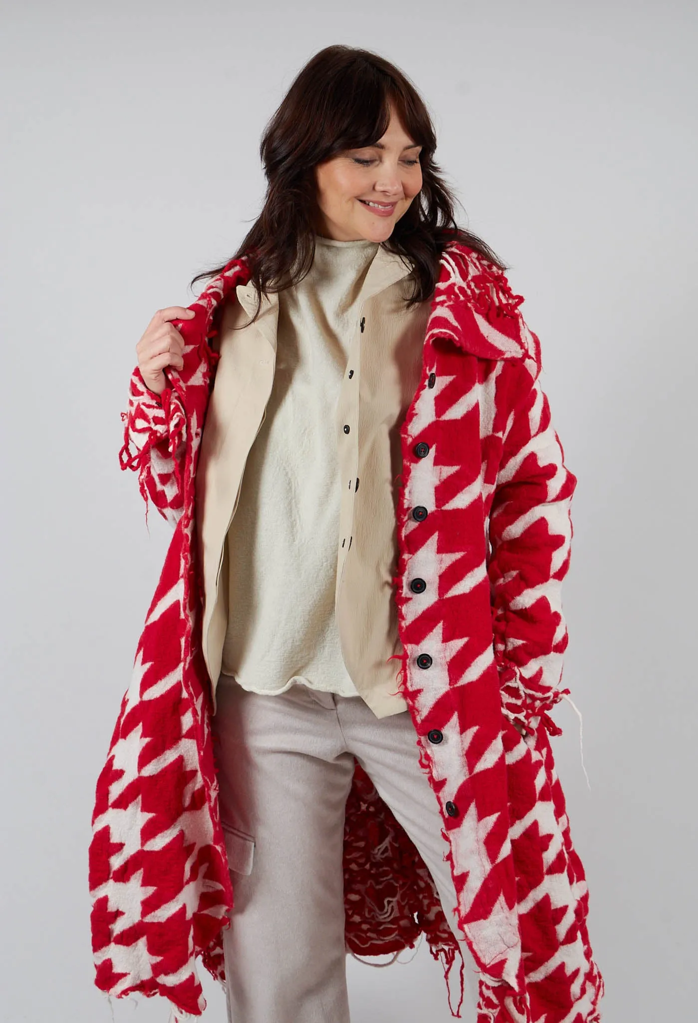 Long Dogstooth Coat in Cardinal Bone Jacquard