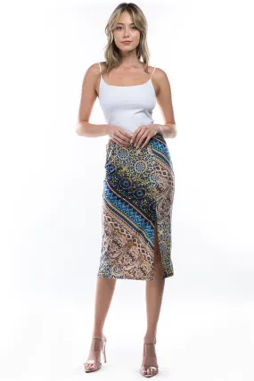 MABEL FRONT SIDE OPEN MIDI SKIRT (MULTI BLUE)- VS2980