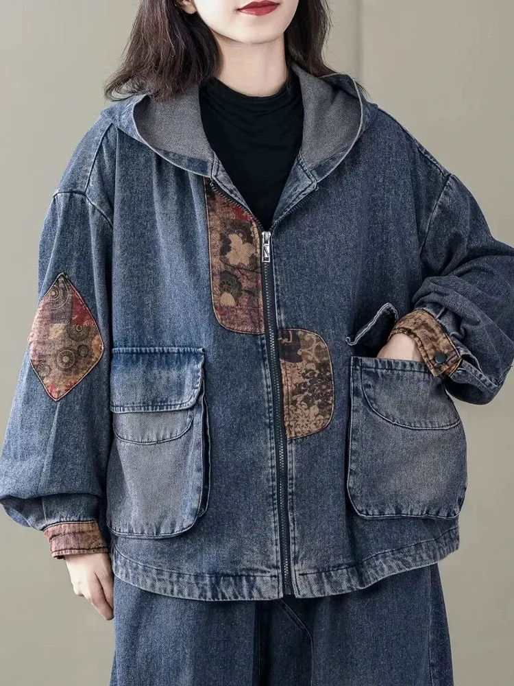 Max LuLu Korean Design Women’s Printed Vintage Denim Jacket – Punk Patchwork Coat