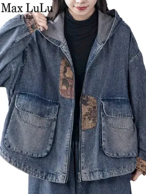 Max LuLu Korean Design Women’s Printed Vintage Denim Jacket – Punk Patchwork Coat