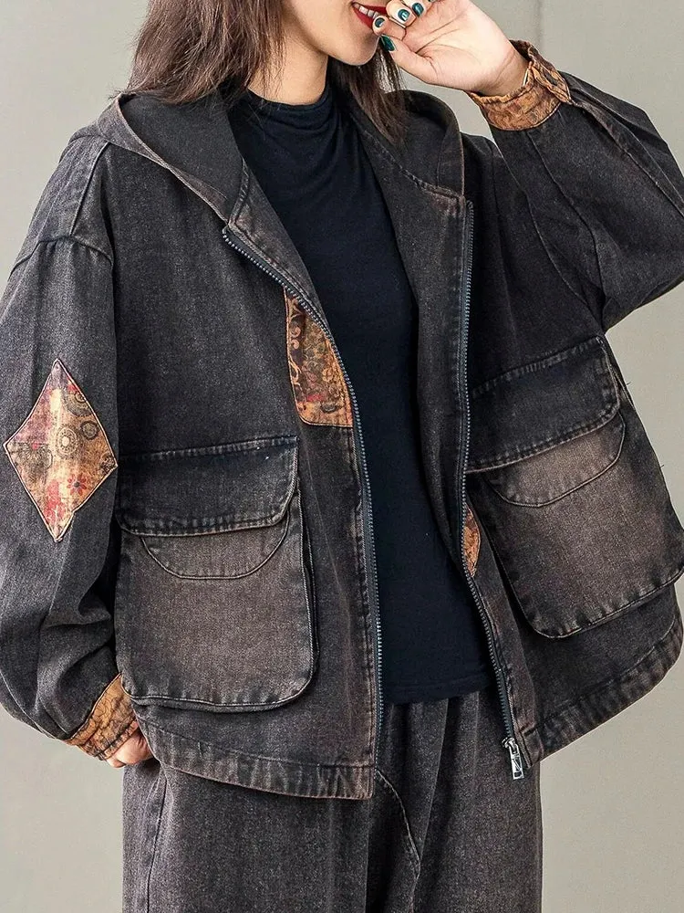 Max LuLu Korean Design Women’s Printed Vintage Denim Jacket – Punk Patchwork Coat