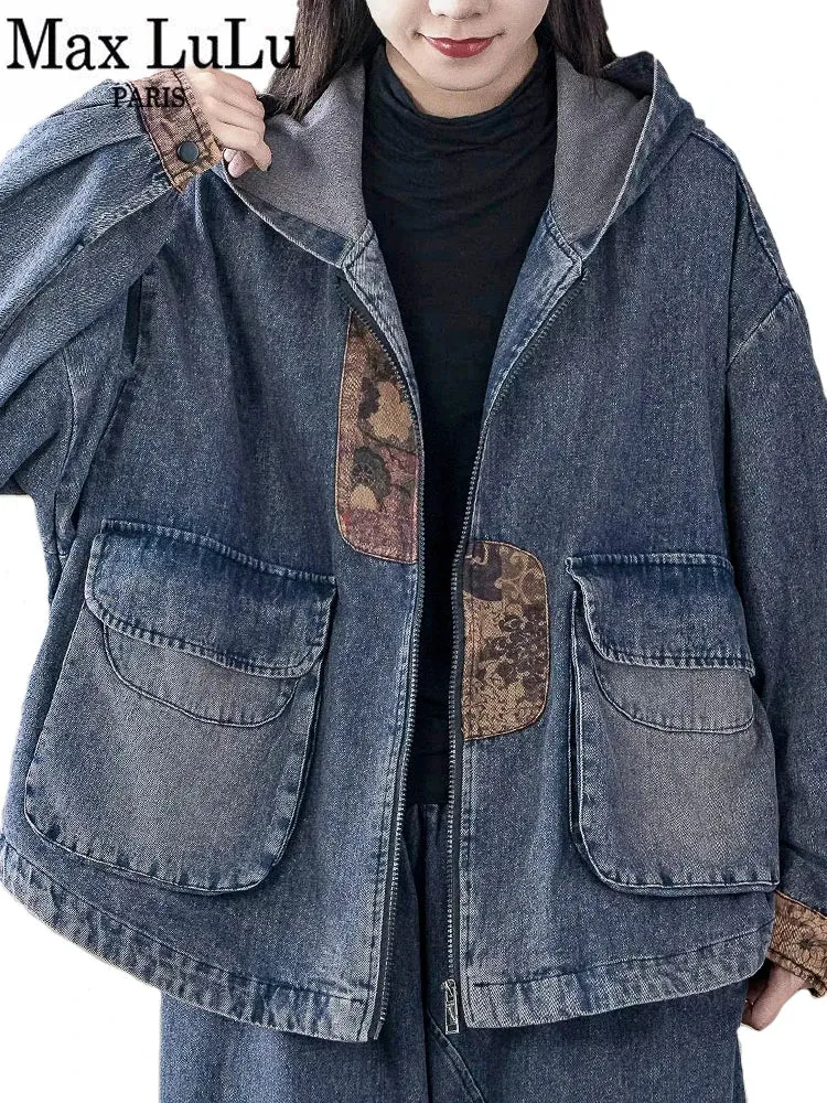 Max LuLu Korean Design Women’s Printed Vintage Denim Jacket – Punk Patchwork Coat