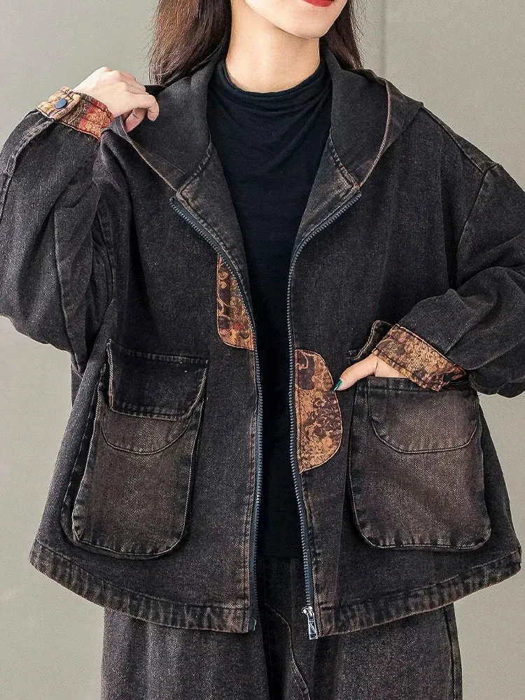 Max LuLu Korean Design Women’s Printed Vintage Denim Jacket – Punk Patchwork Coat