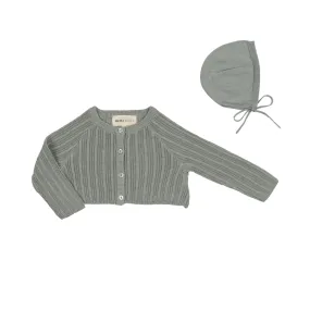 Mema Crop Pointelle Cardigan and Bonnet- Powder Blue