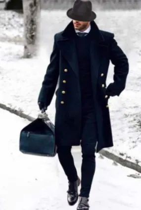 Mens Black Overcoat - Black Double Breasted Overcoat With Gold Buttons in Wool Topcoat - Carcoat