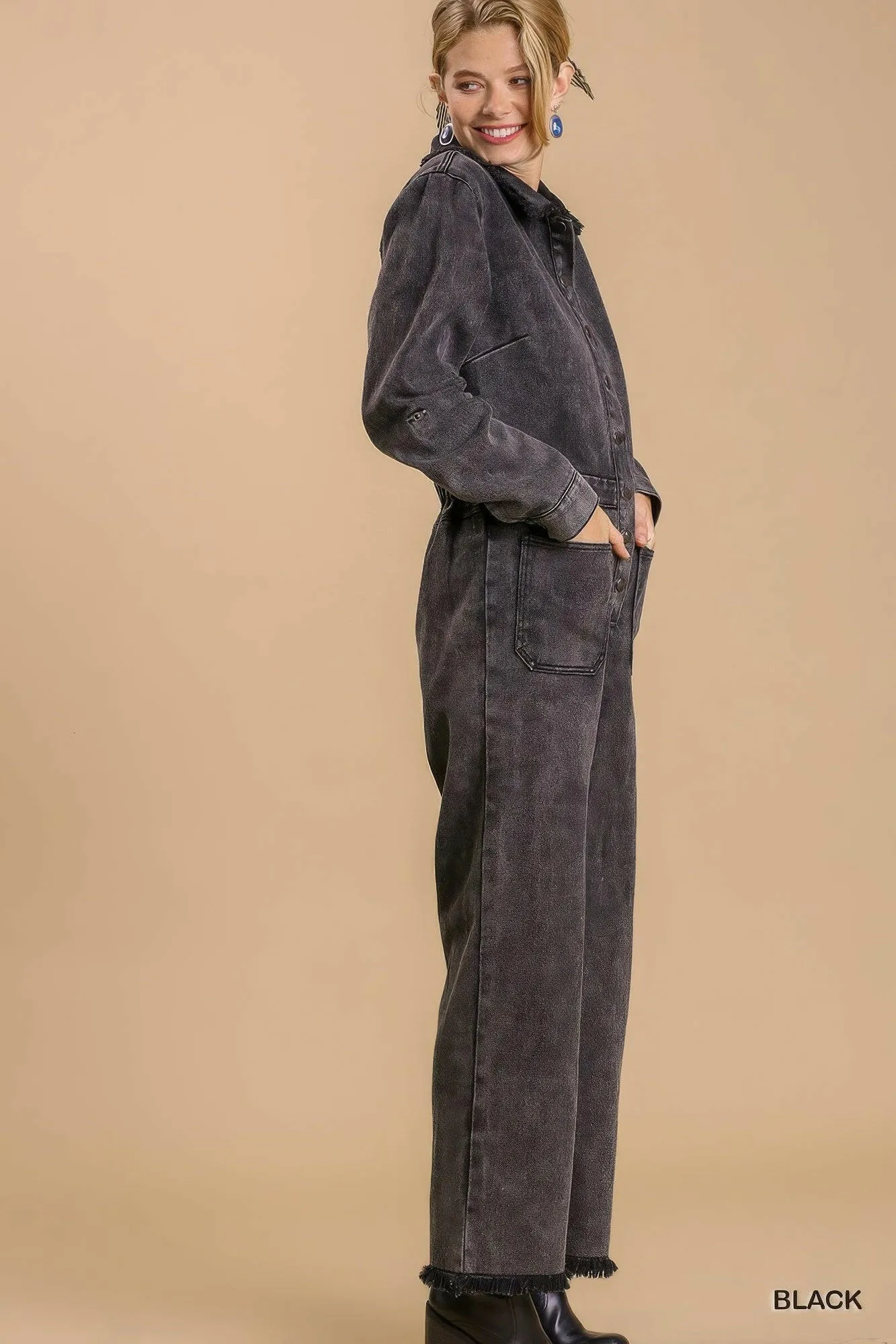 Mid button down stone wash wide leg distressed jumpsuit & side pockets with no