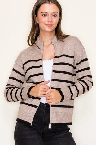 Mock Neck Striped Front Zip Cardigan