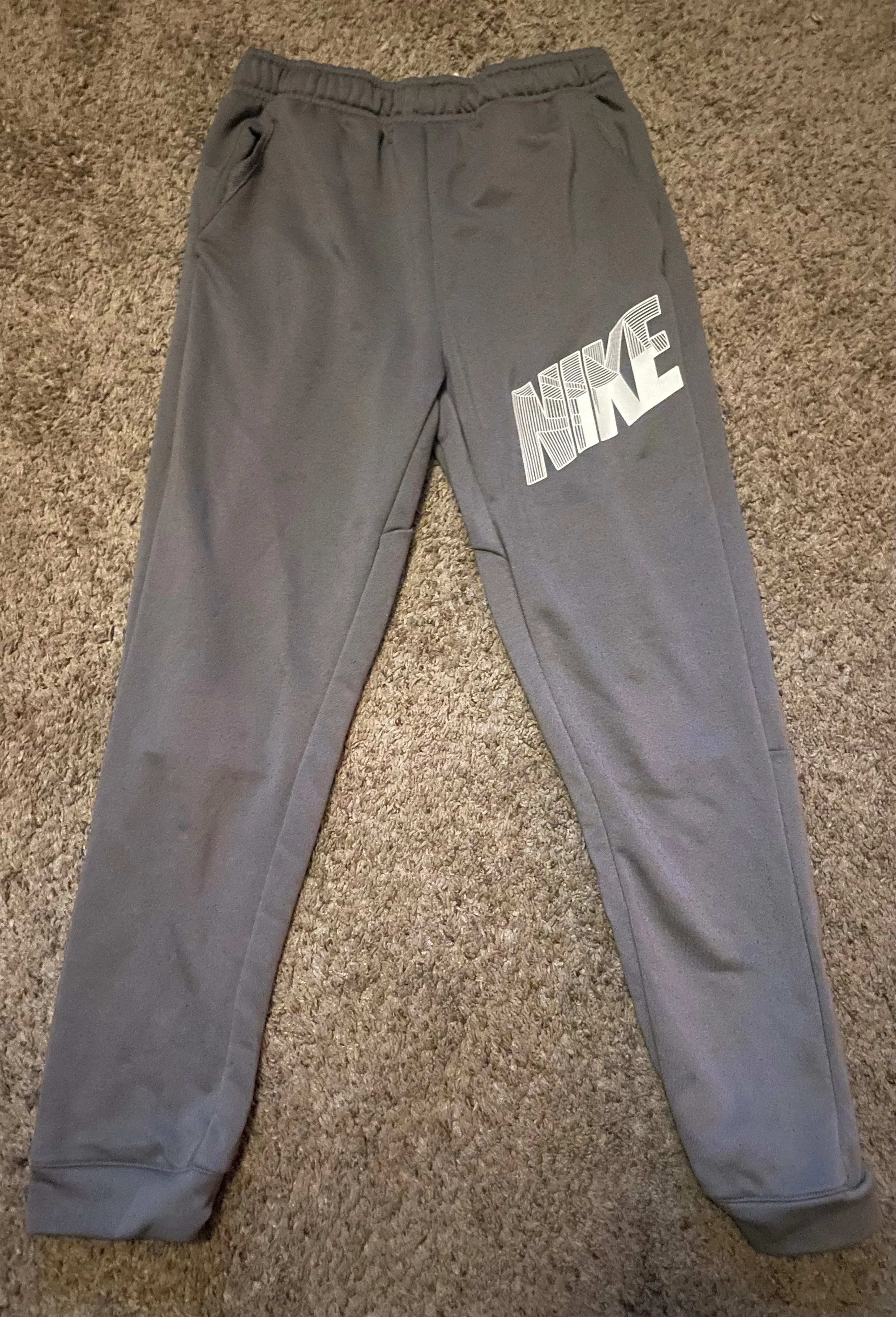 Nike grey joggers sz L Grey/white Nike logo - size Kids Clothing: 14