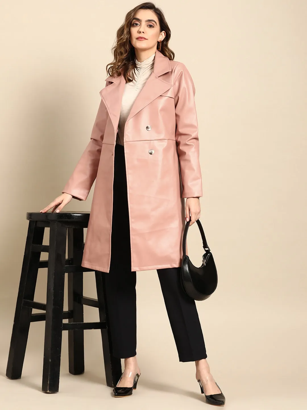 Pink Solid Women Leather Overcoat | QAWACH