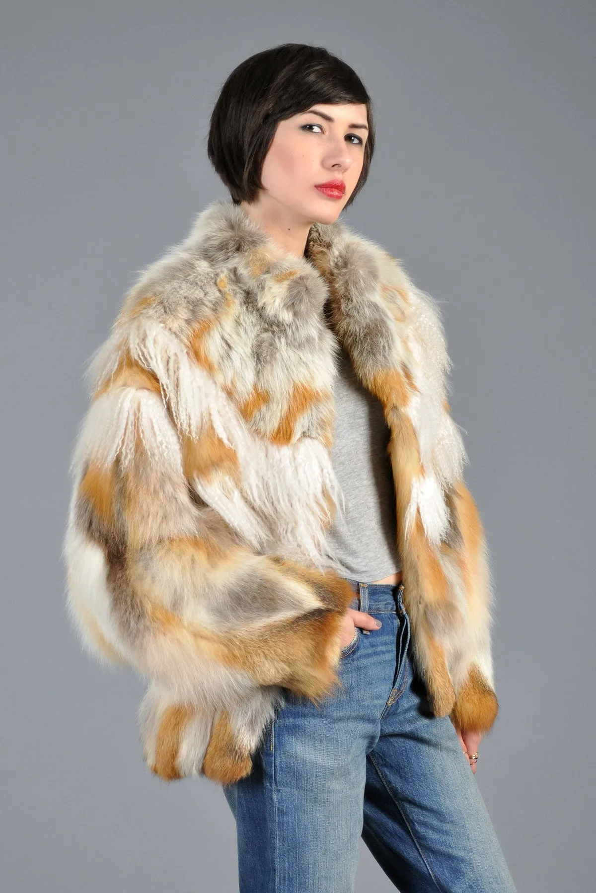 Red Fox Fur   Mongolian Lamb Avant Garde Batwing Coat