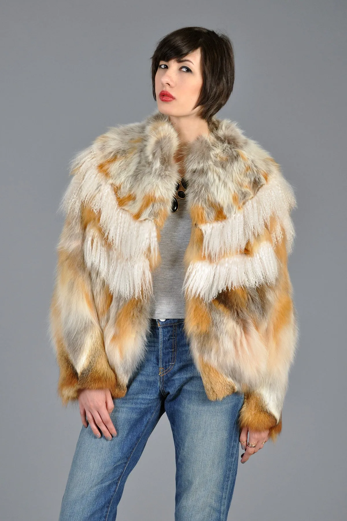 Red Fox Fur   Mongolian Lamb Avant Garde Batwing Coat