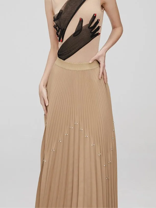 Rhinestone Long Pleated Skirt