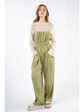 Sage Front Pintuck Detail Solid Woven Jumpsuit