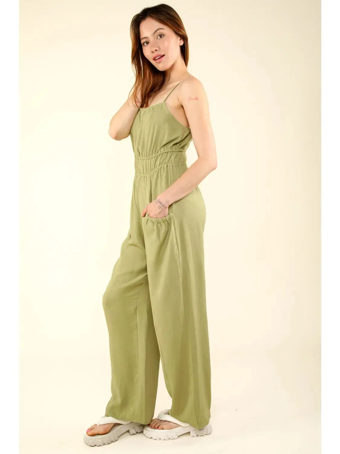 Sage Front Pintuck Detail Solid Woven Jumpsuit