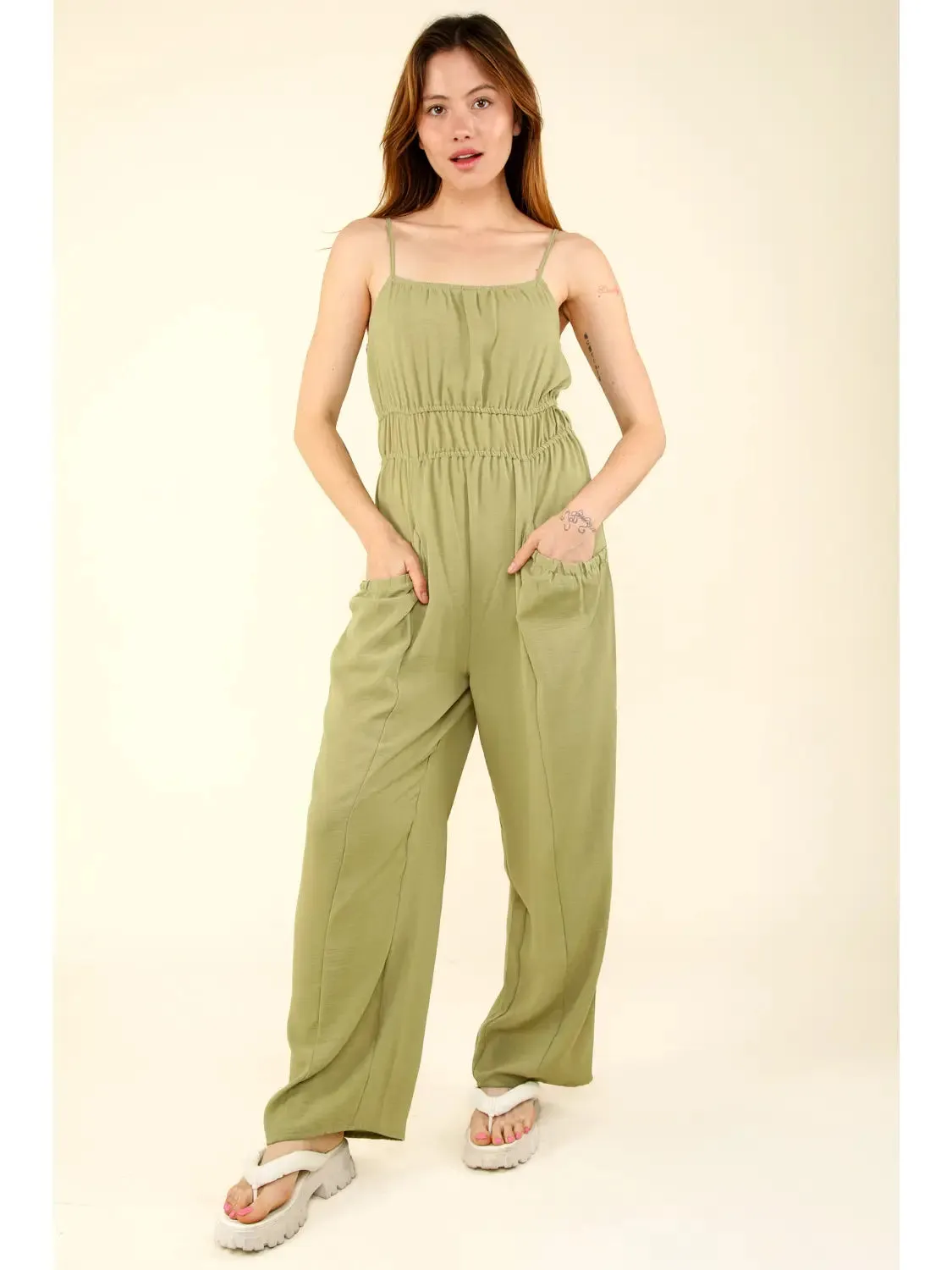 Sage Front Pintuck Detail Solid Woven Jumpsuit