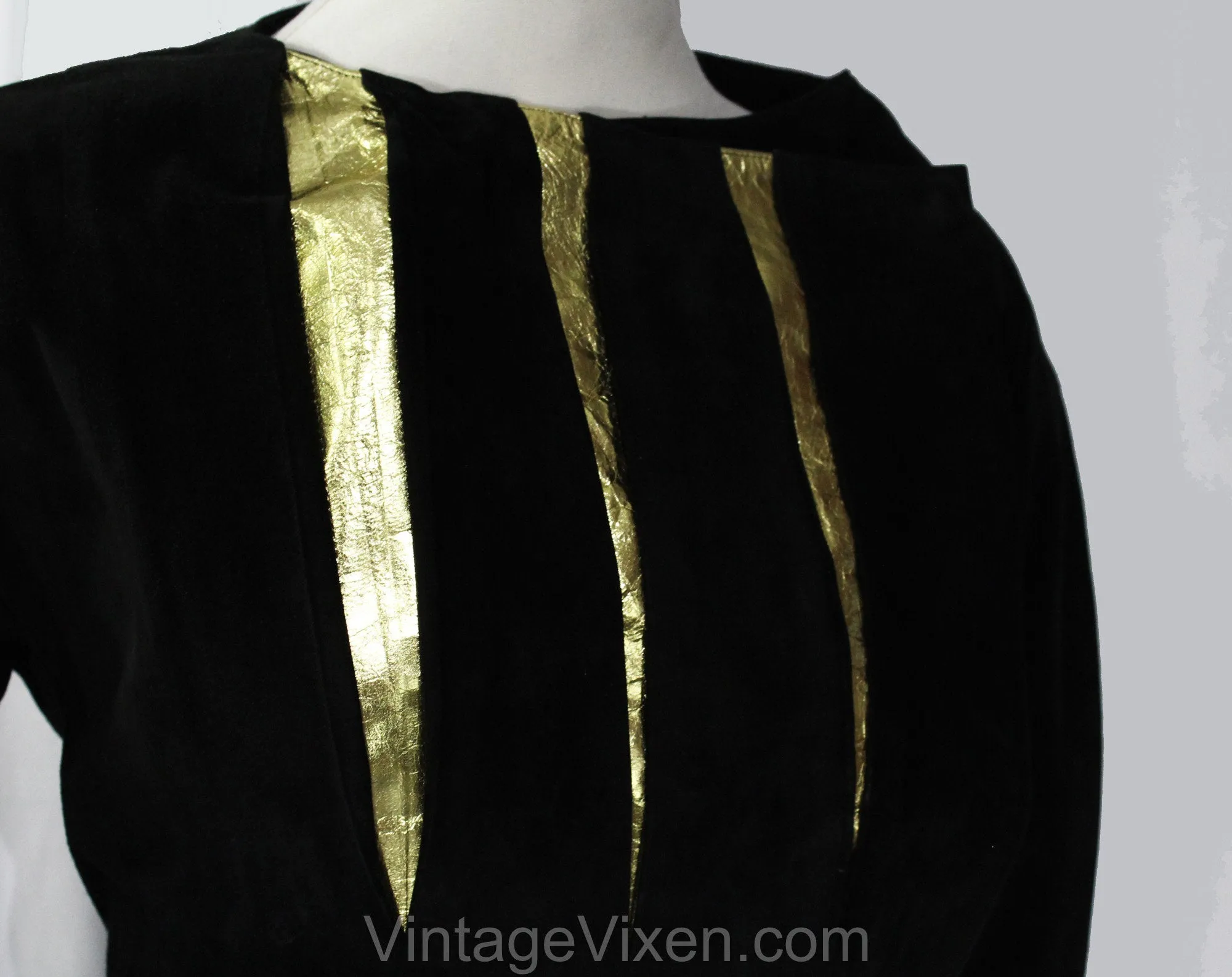 Size 12 Leather Jacket by Mario Valentino - Designer 80s 90s Avant Garde Black Suede - Metallic Gold Slashes - Asymmetric Front - Bust 39