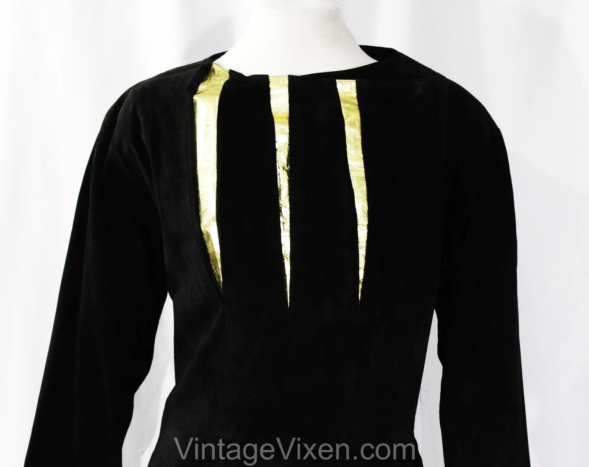 Size 12 Leather Jacket by Mario Valentino - Designer 80s 90s Avant Garde Black Suede - Metallic Gold Slashes - Asymmetric Front - Bust 39