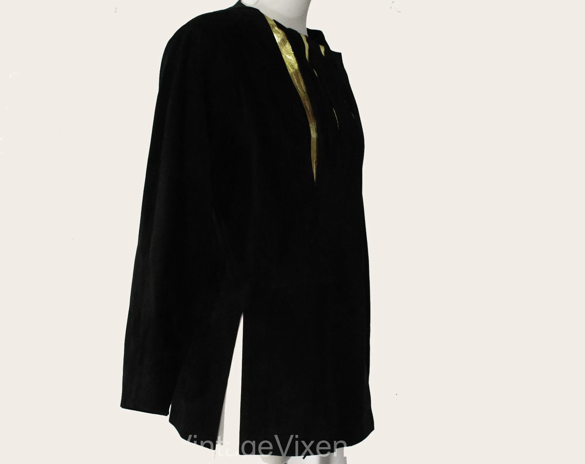 Size 12 Leather Jacket by Mario Valentino - Designer 80s 90s Avant Garde Black Suede - Metallic Gold Slashes - Asymmetric Front - Bust 39