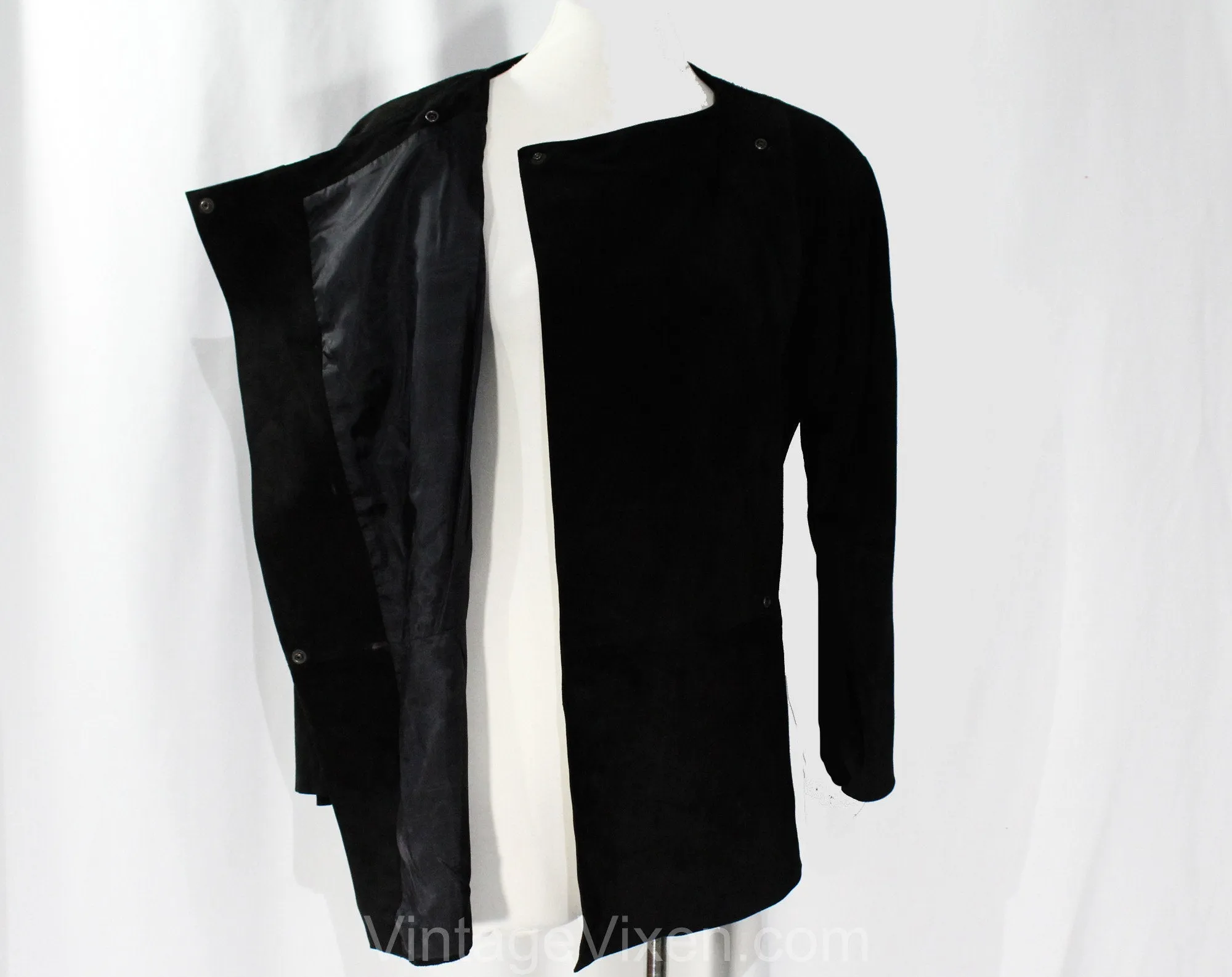 Size 12 Leather Jacket by Mario Valentino - Designer 80s 90s Avant Garde Black Suede - Metallic Gold Slashes - Asymmetric Front - Bust 39