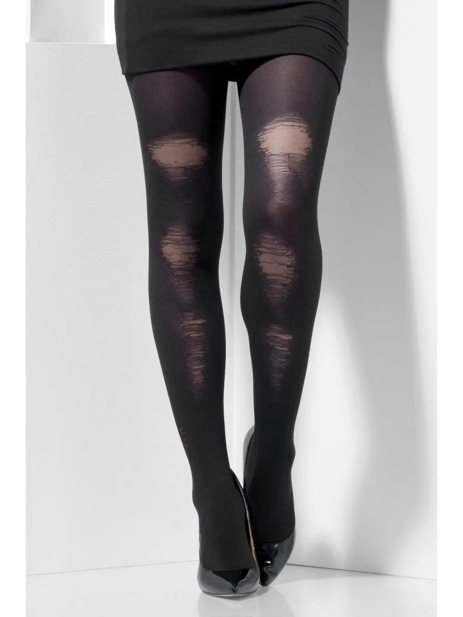 Smiffys Opaque Tights, Black, with Distressed Detail - 44443