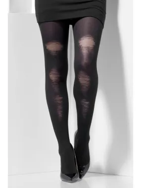 Smiffys Opaque Tights, Black, with Distressed Detail - 44443