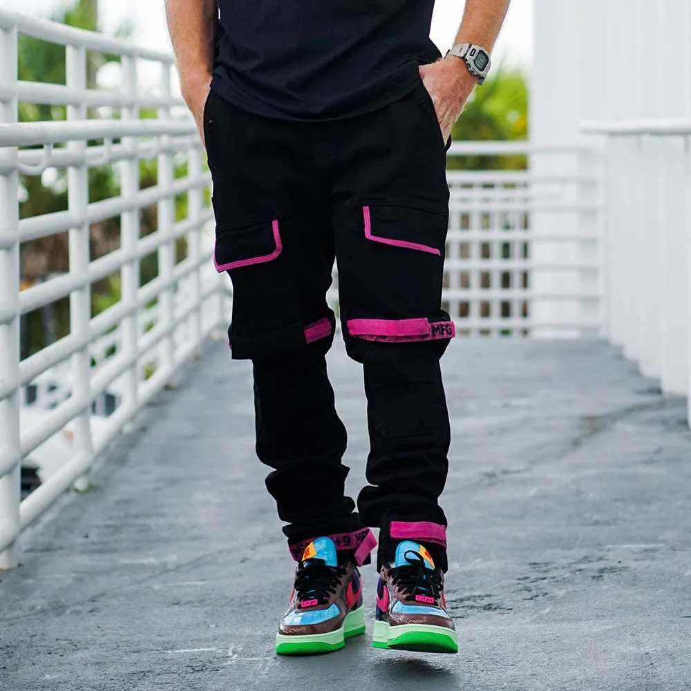 Strapped Up Slim Jet Black Denim Jeans Pink Straps