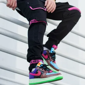 Strapped Up Slim Jet Black Denim Jeans Pink Straps