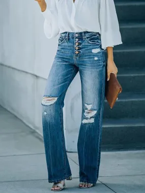 Stunncal Casual Street Solid Ripped Buckle High Waist Straight Denim Jeans