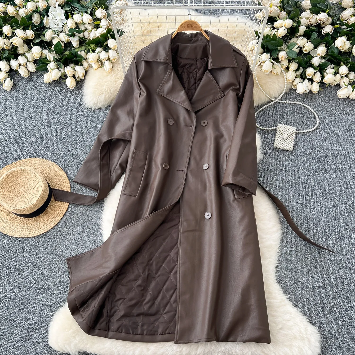 Vintage Lace-up PU Trench Coat