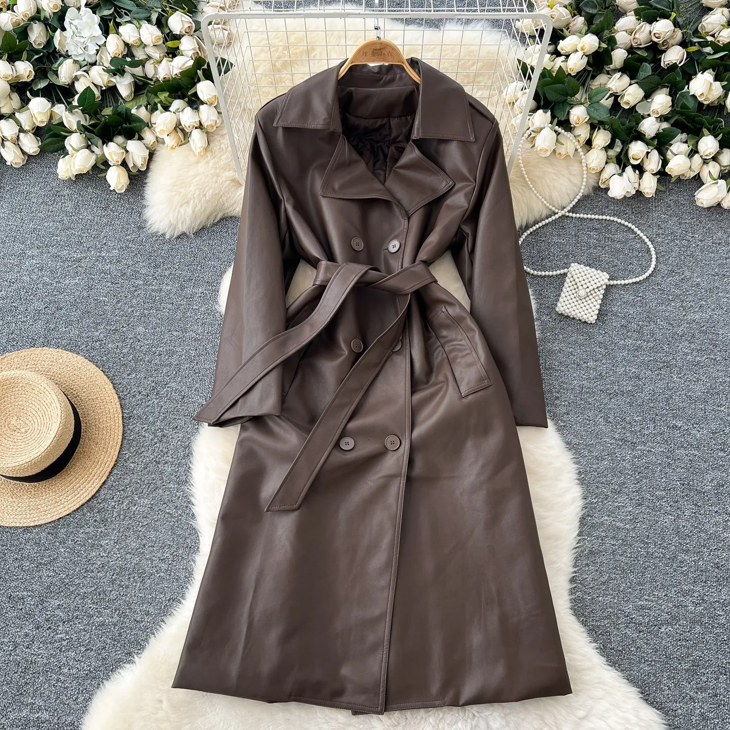 Vintage Lace-up PU Trench Coat
