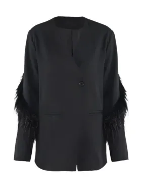 Wenkouban-Winter outfits Christmas V-neck Feather Sleeve Single Button Black Blazer