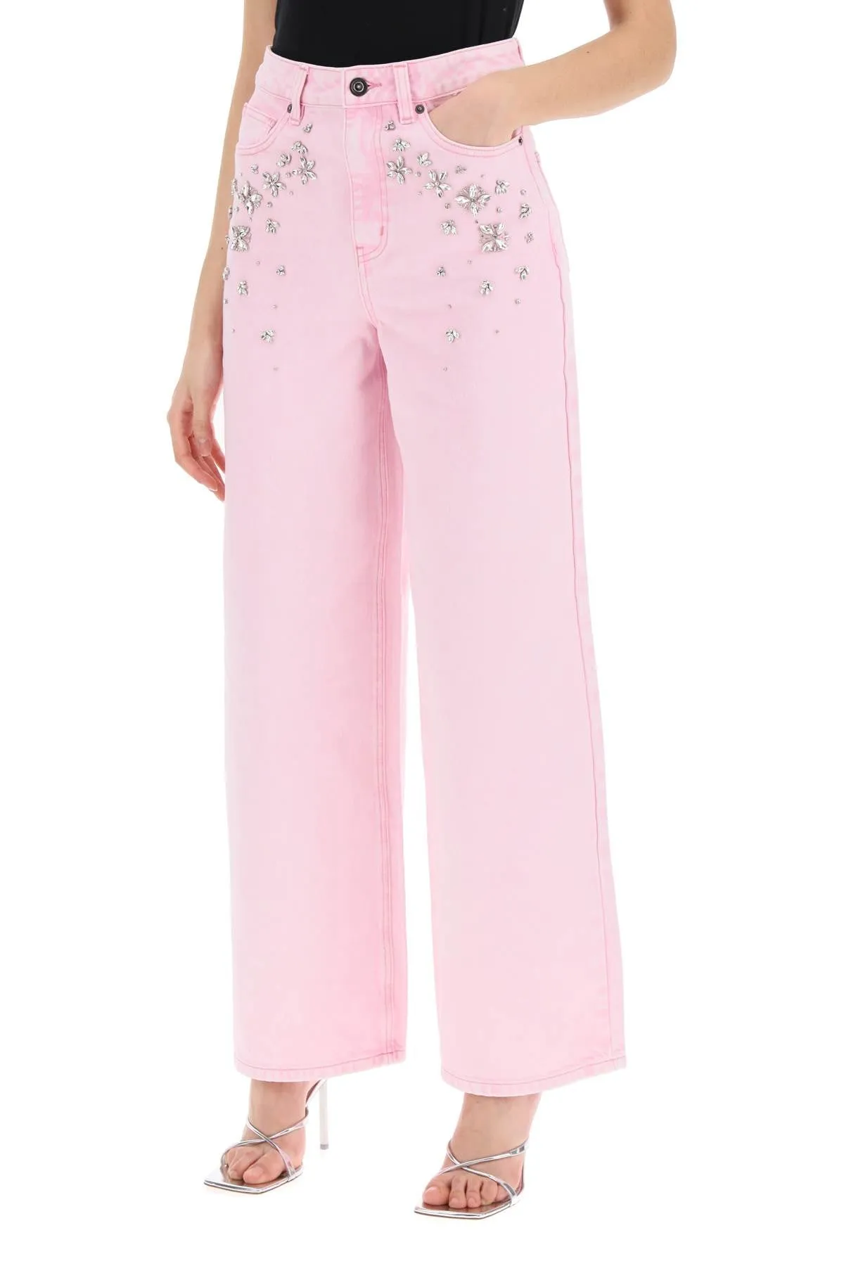 Wide Leg Jeans with Crystal Appliqué