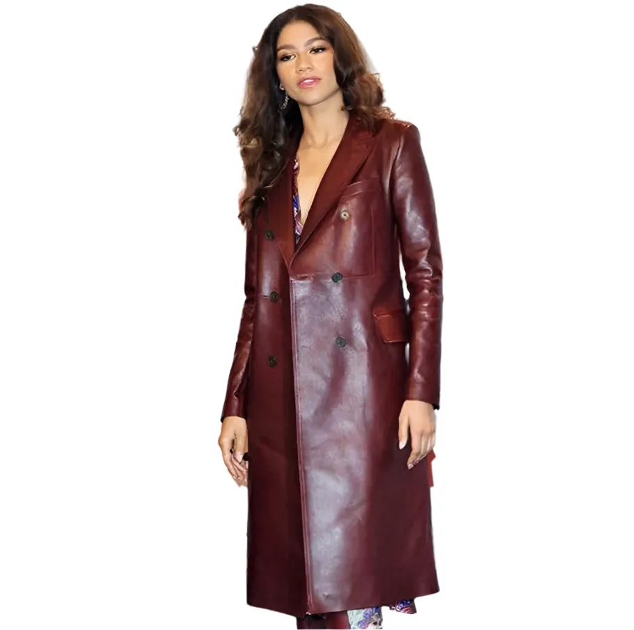 Women's Burgundy Double Breasted Leather Long Coat