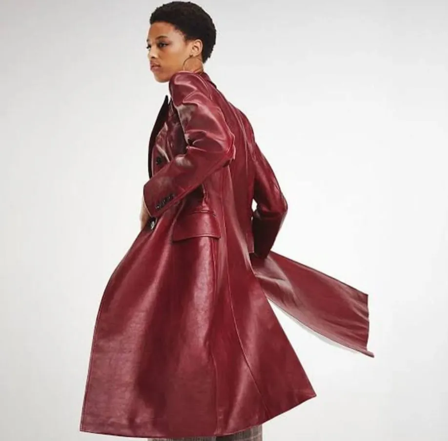 Women's Burgundy Double Breasted Leather Long Coat