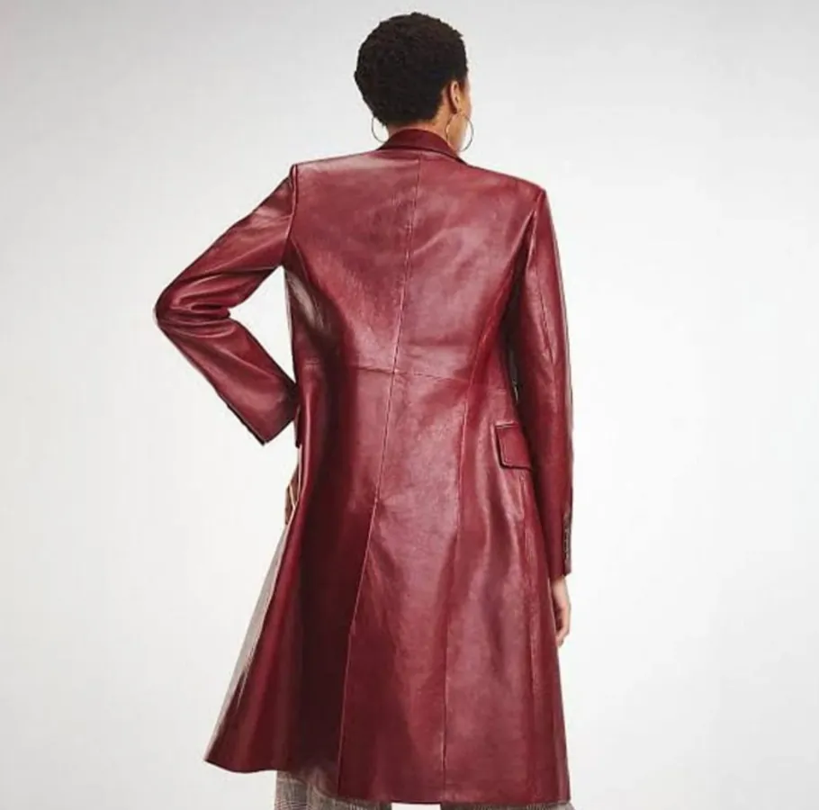 Women's Burgundy Double Breasted Leather Long Coat